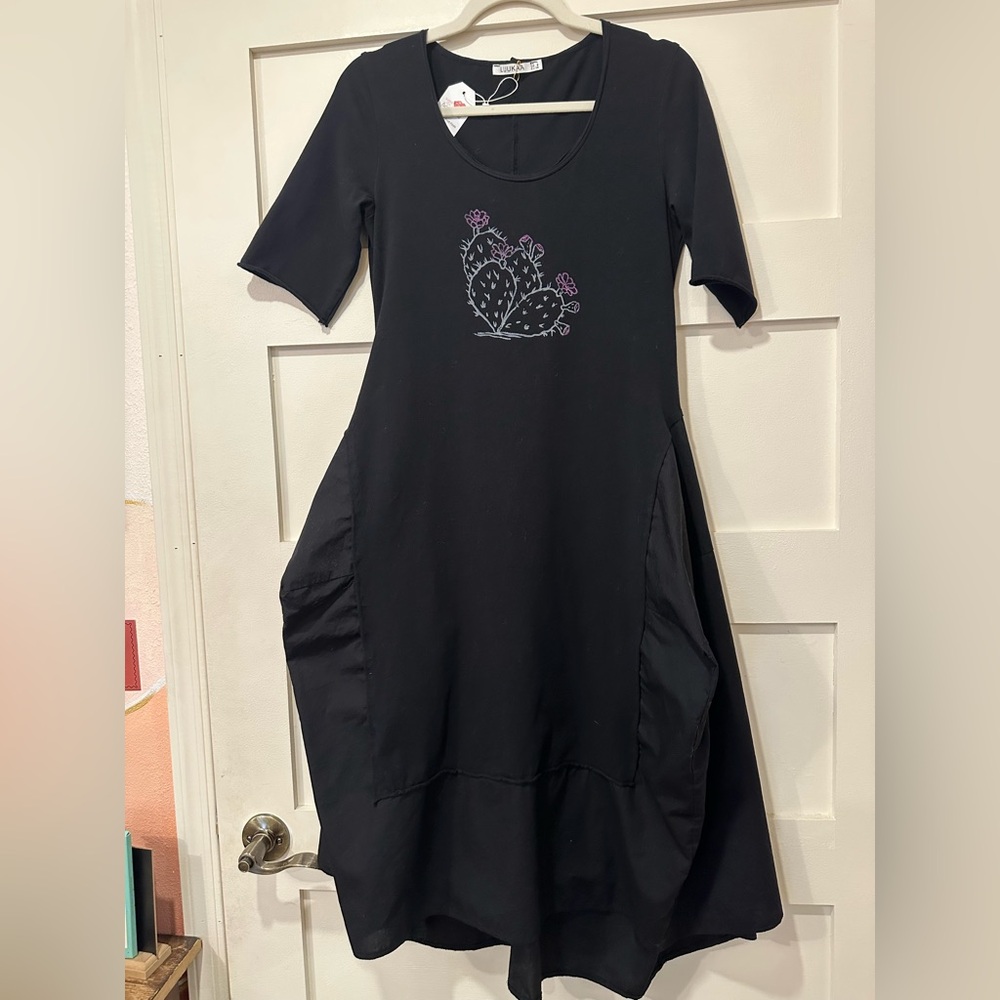 Luukaa Black Midi Dress with Purple Cactus  textured paint
